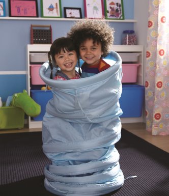 two kids standing up in play tunnel